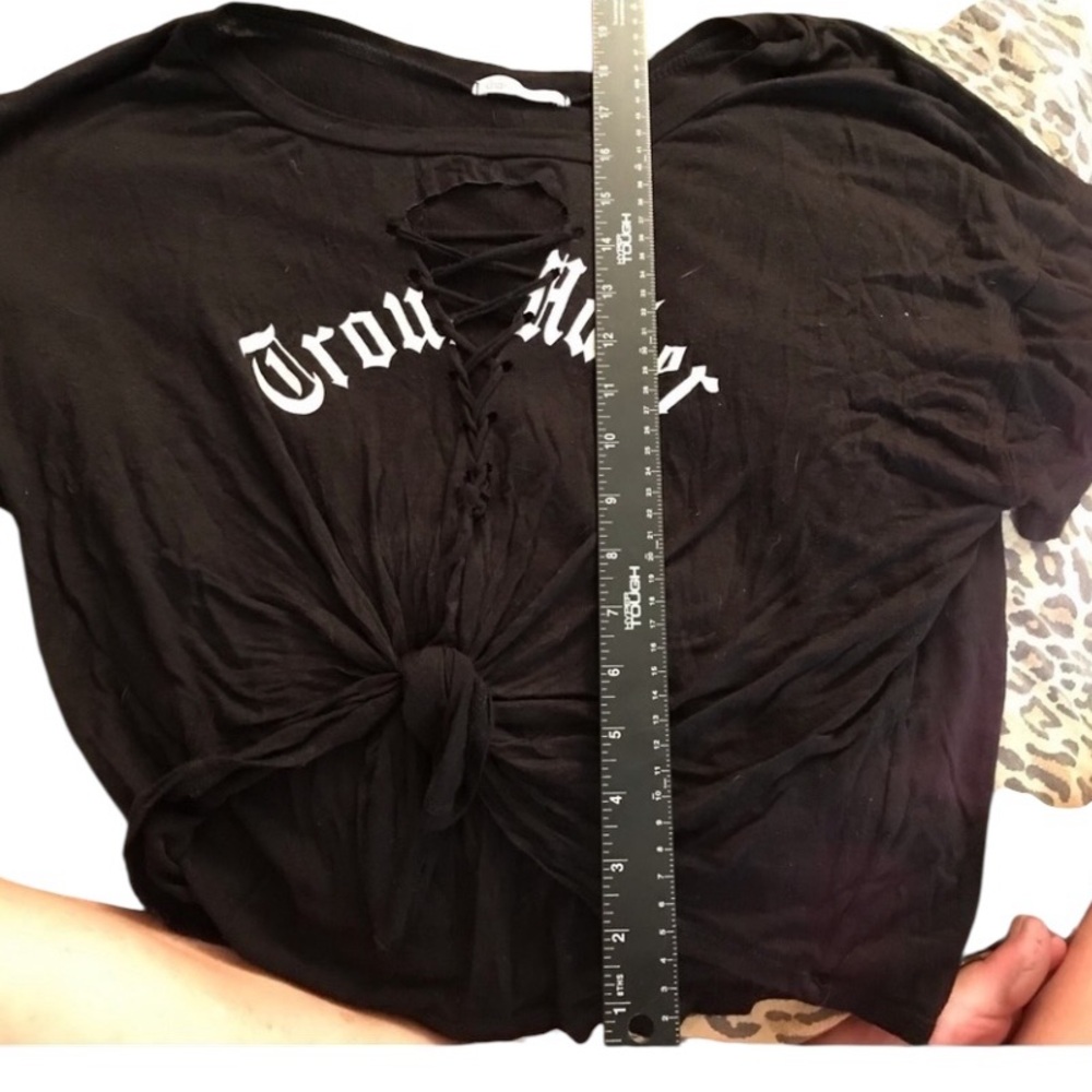 Charlotte Russe small black cropped tee distressed lace up neck tie’s at waist